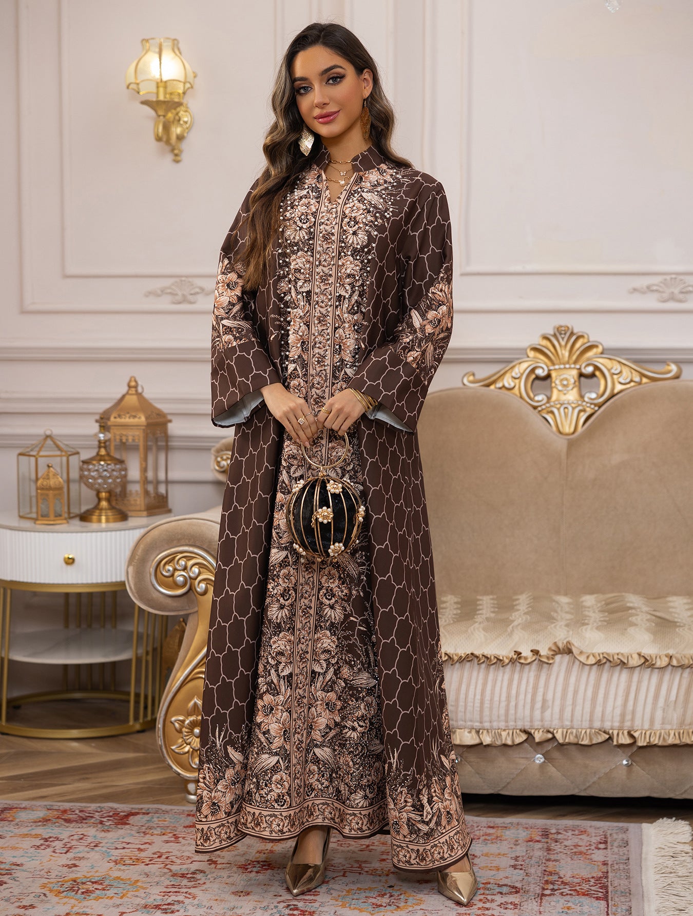 The "Mosaic Diamond" Gown – Signature Printed Dubai Abaya – Boutique Morocco Style Kaftan
