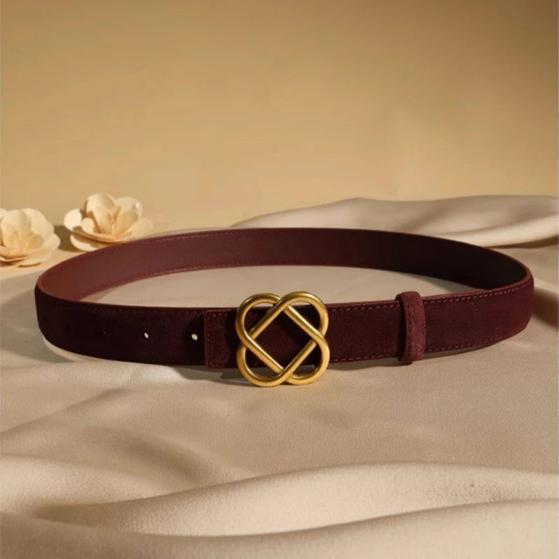Damen-Wildleder-Rindledergürtel 2,8 cm – Vintage schmaler Gürtel mit Retro-Goldschnalle