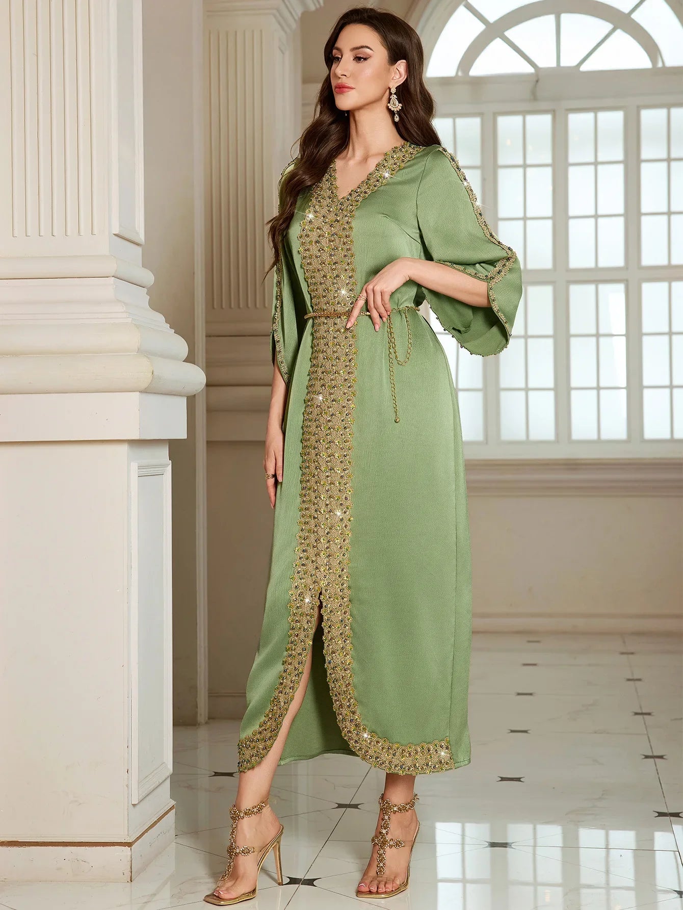 The "Emerald Lace" Gown – Signature Diamond & Beading Long Robe – Luxury Morocco Party Kaftan