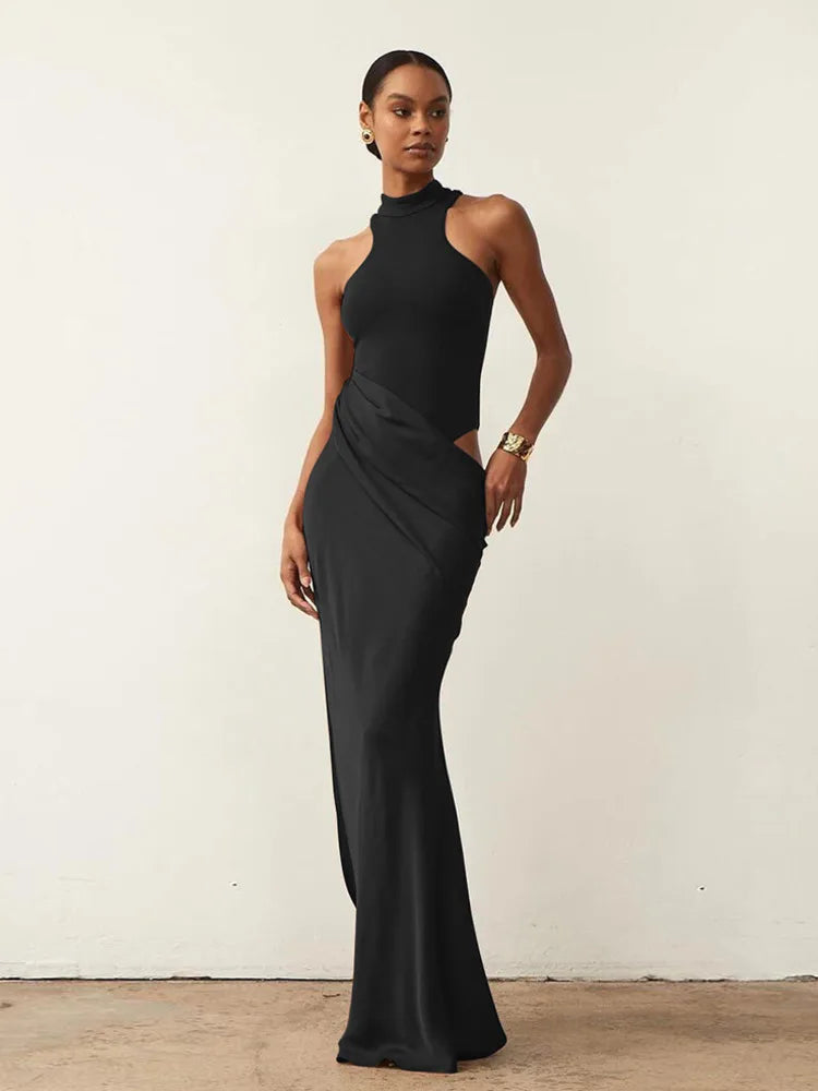 Damen Sexy Satin-Maxikleid mit Cut-Outs – Tailliertes Partykleid mit hoher Taille