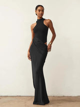 Damen Sexy Satin-Maxikleid mit Cut-Outs – Tailliertes Partykleid mit hoher Taille