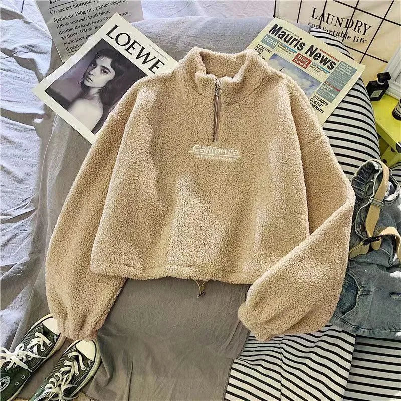 Women's Trendy Lamb Wool Long Sleeve Hoodie | Plush Embroidered Versatile Top