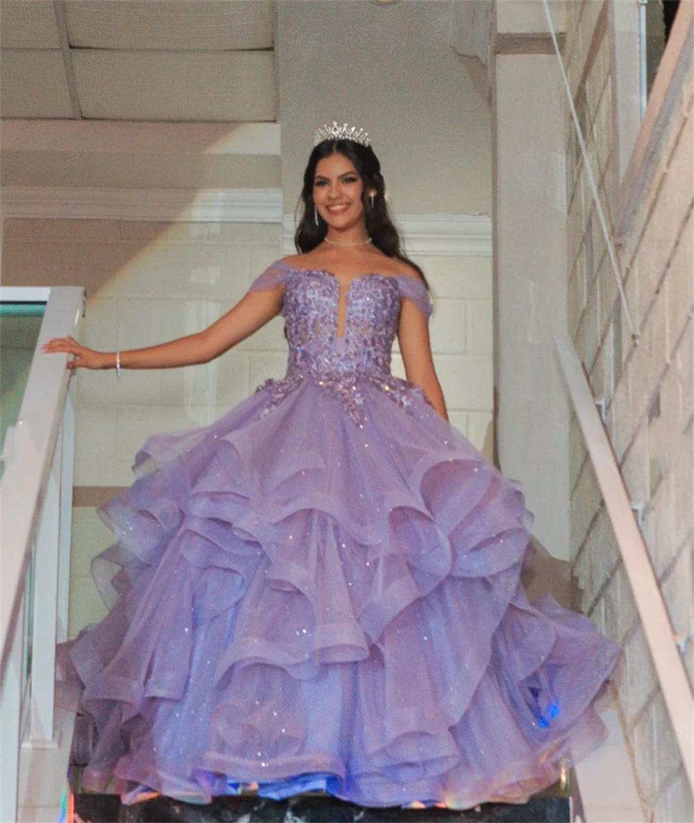 Purple Lace Embroidery Fairy Prom Dress | Glitter Fluffy Ruffle Gown