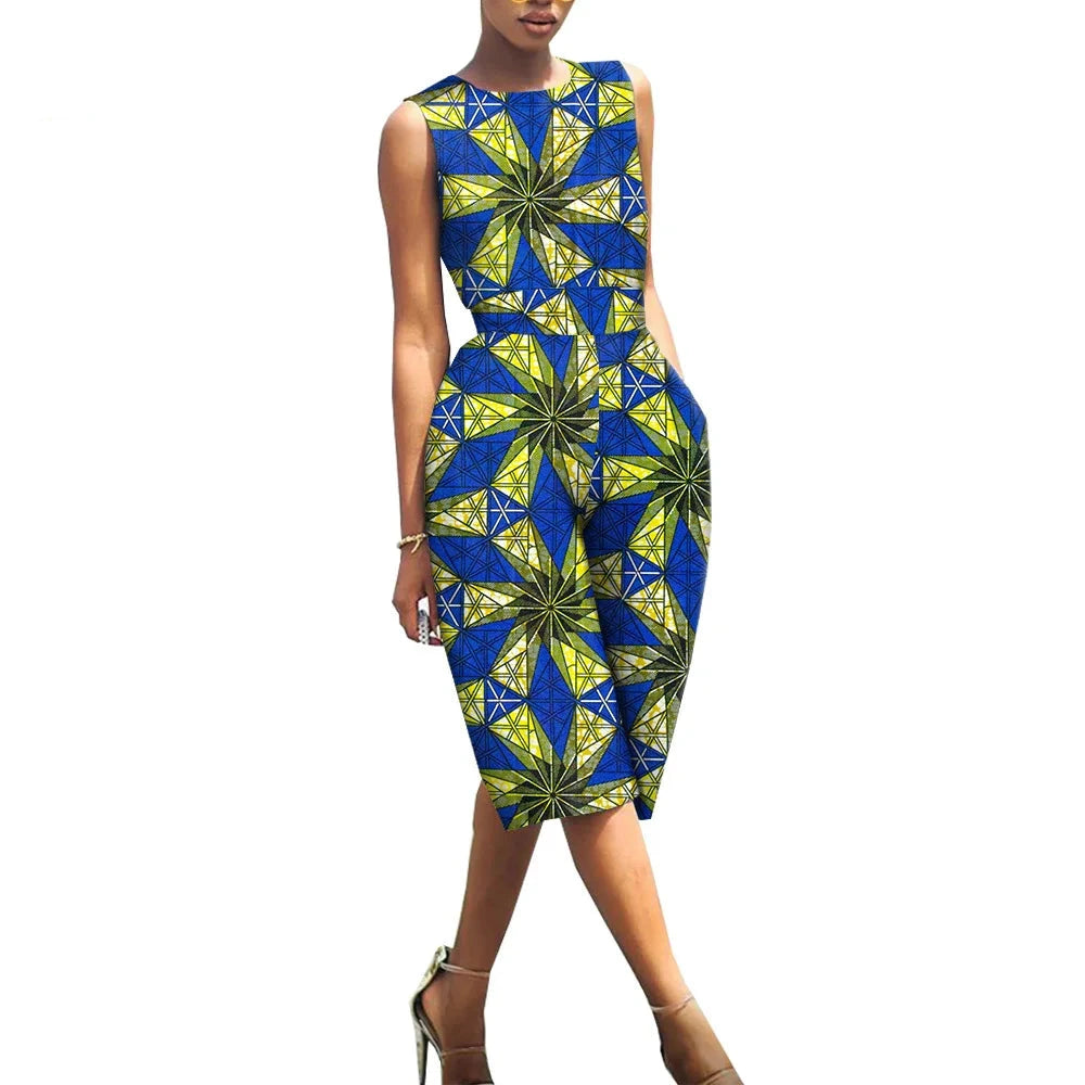 African Print Jumpsuit for Women | Sleeveless Bazin Riche Knee-Length Romper