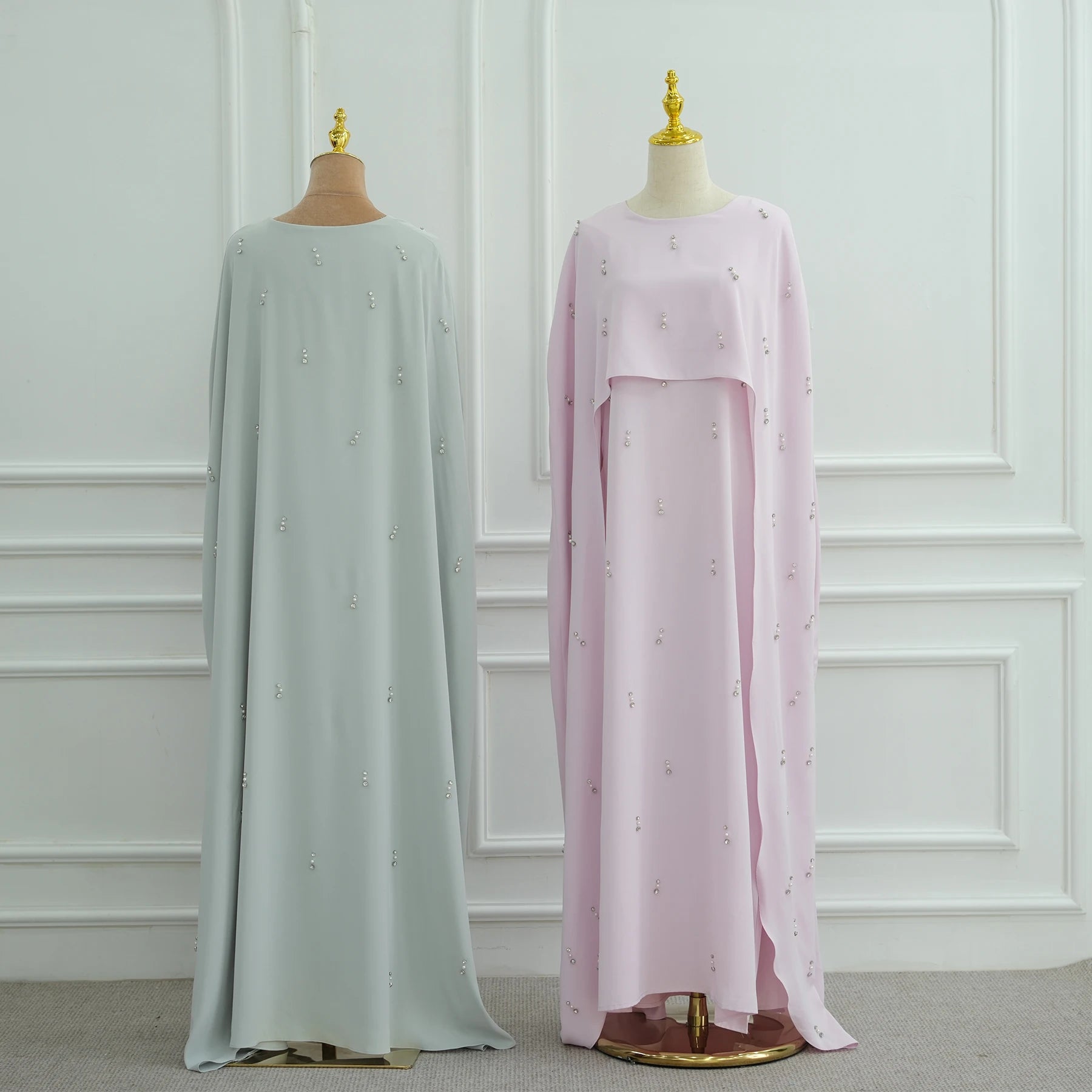 Women’s Cape Abaya Pearl Diamond Embellished – Luxury Caftan Shawl Modest Muslim Dress