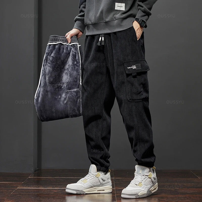 Men’s Winter Fleece Corduroy Cargo Pants – Thick Warm Work Trousers