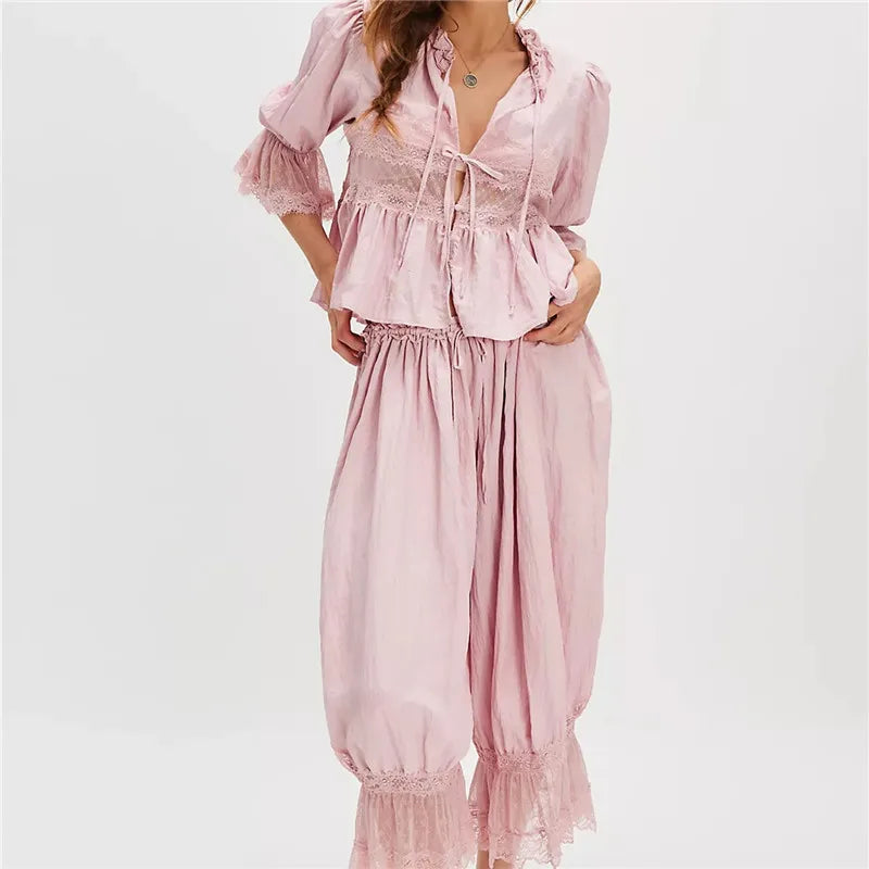 Women’s Y2K Lace Trim 2-Piece Pajama Set – Bow Tie-Front Short Sleeve Shirt & Ruffle Flared Lantern Pants