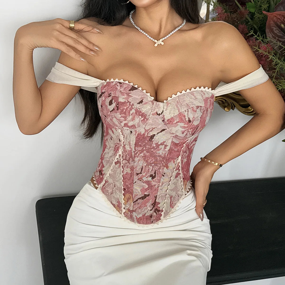 Damen Royal Style Korsett-Top mit Blumendruck | Sexy Kreuz-Bandage-Bustier
