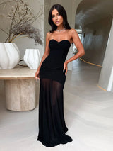 Damen-Neckholder-Maxikleid mit Raffungen – sexy ärmelloses Mesh-Splice-Maxikleid