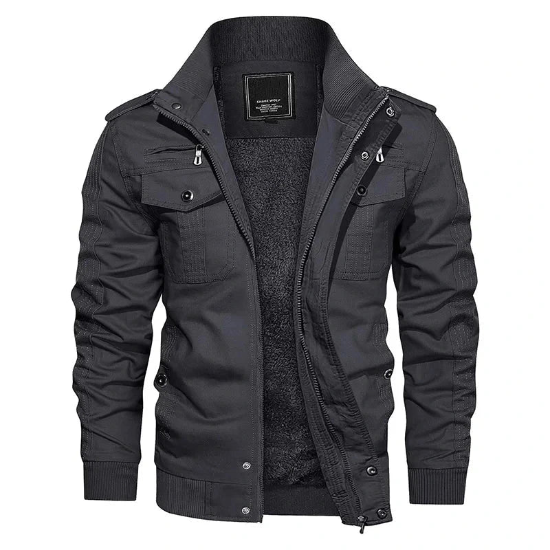 Men's Winter Fleece Bomber Jacket– Multi-Pocket Motorcycle Jacket with Stand Collar
