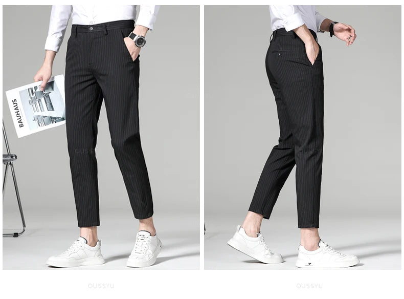 Men’s High-Quality Plaid & Stripe Trousers – Business Formal Suit Pants, Ankle & Full Length Straight Slacks