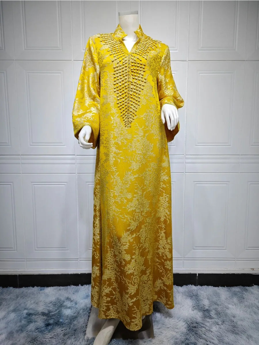 Perlenbesetzter muslimischer Abaya für Damen | Elegante Jalabiya mit Stehkragen und marokkanisches Partykleid