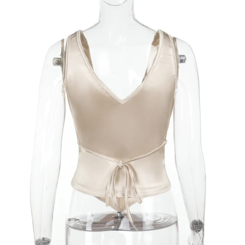 Damen Y2K Sexy Satin-Korsett-Crop-Top – Sommerliche elegante V-Ausschnitt-Tanktop