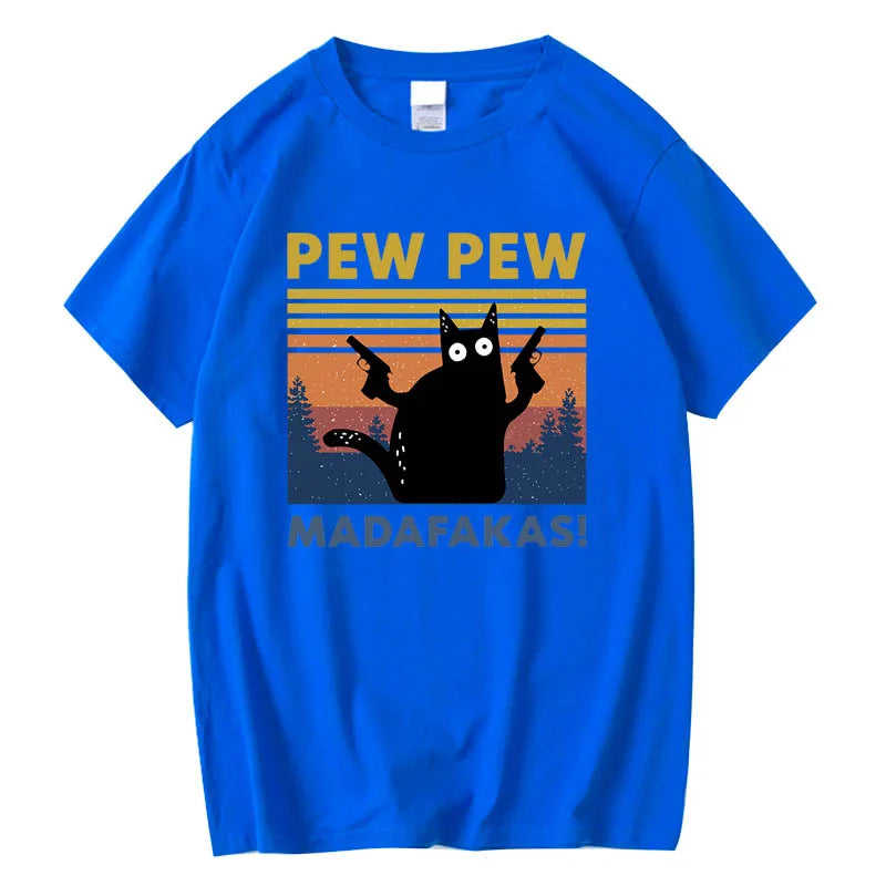 Baumwolle Kurzarm Pew Pew Madafakas Lustige Katze T-Shirt – Neuheit Grafik-T-Shirt für Herren