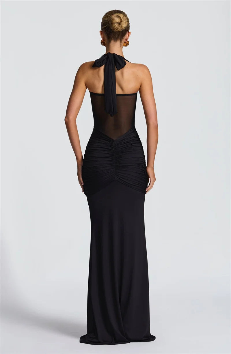Sexy Halter Backless Maxi Dress – Women’s Patchwork Off-Shoulder Bodycon
