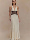 Women’s Sexy Deep Neck Lace Halter Maxi Dress – Backless Patchwork Evening Gown