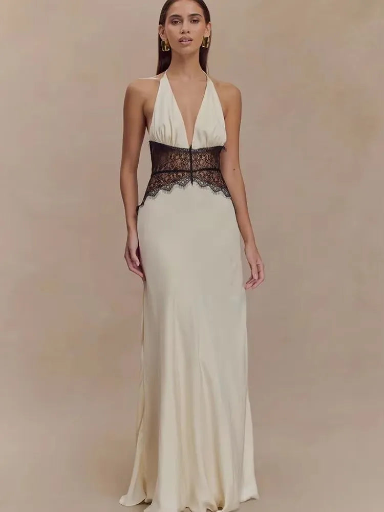 Women’s Sexy Deep Neck Lace Halter Maxi Dress – Backless Patchwork Evening Gown