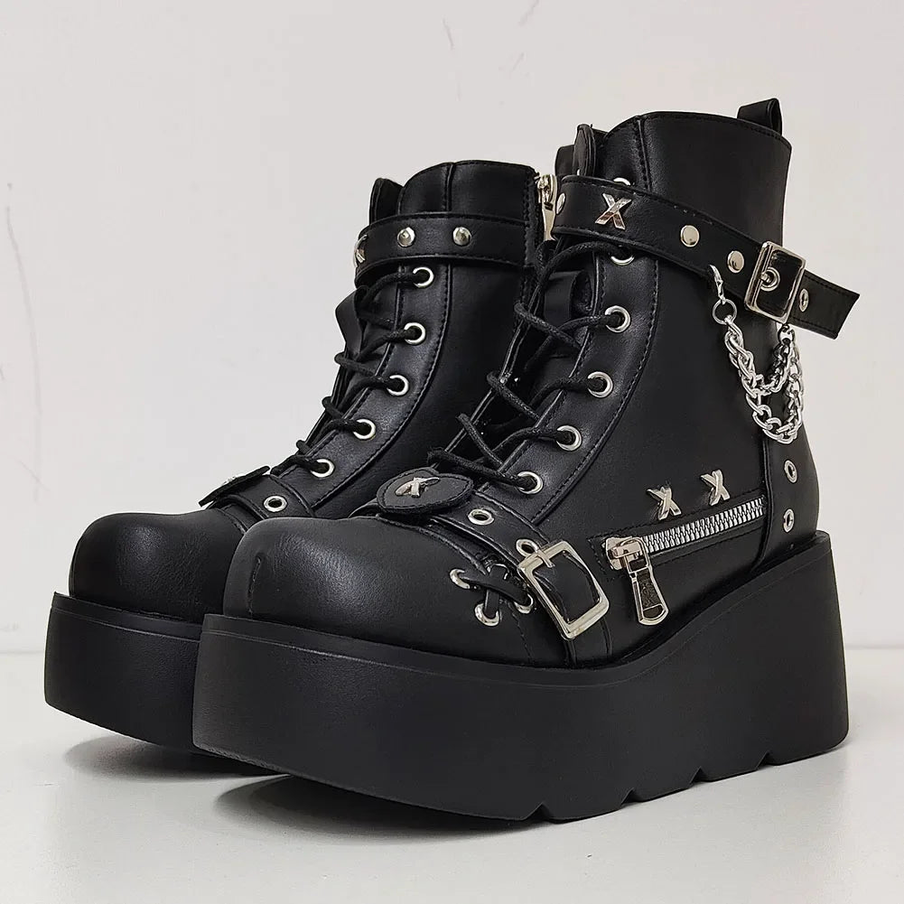 Women’s Waterproof Wedge Gothic Vampire Platform Mid-Calf Boots