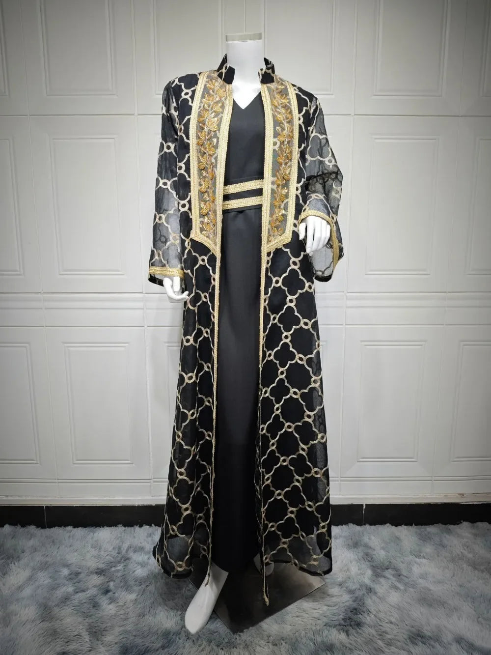 Muslimisches 2-teiliges Abaya-Set für Damen | Bestickte offene Strickjacke mit Innenkleid
