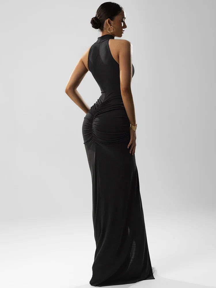Figurbetontes rückenfreies Maxi-Kleid mit Raffung – Ärmelloses Abendkleid für Damen mit hoher Taille
