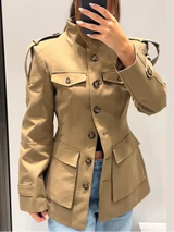 Women’s Khaki Elegant Stand Collar Trench Coat – Y2K Long Sleeve Waist-Defined Jacket