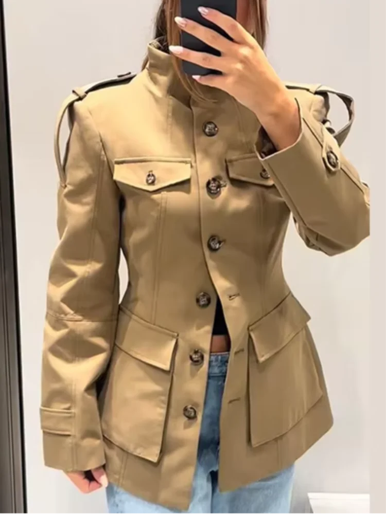 Women’s Khaki Elegant Stand Collar Trench Coat – Y2K Long Sleeve Waist-Defined Jacket