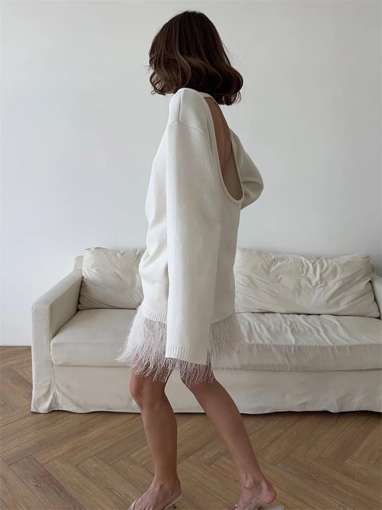 Damen rückenfreier, locker gestrickter Pullover – Lässiger, eleganter Langarm-Patchwork-Pullover