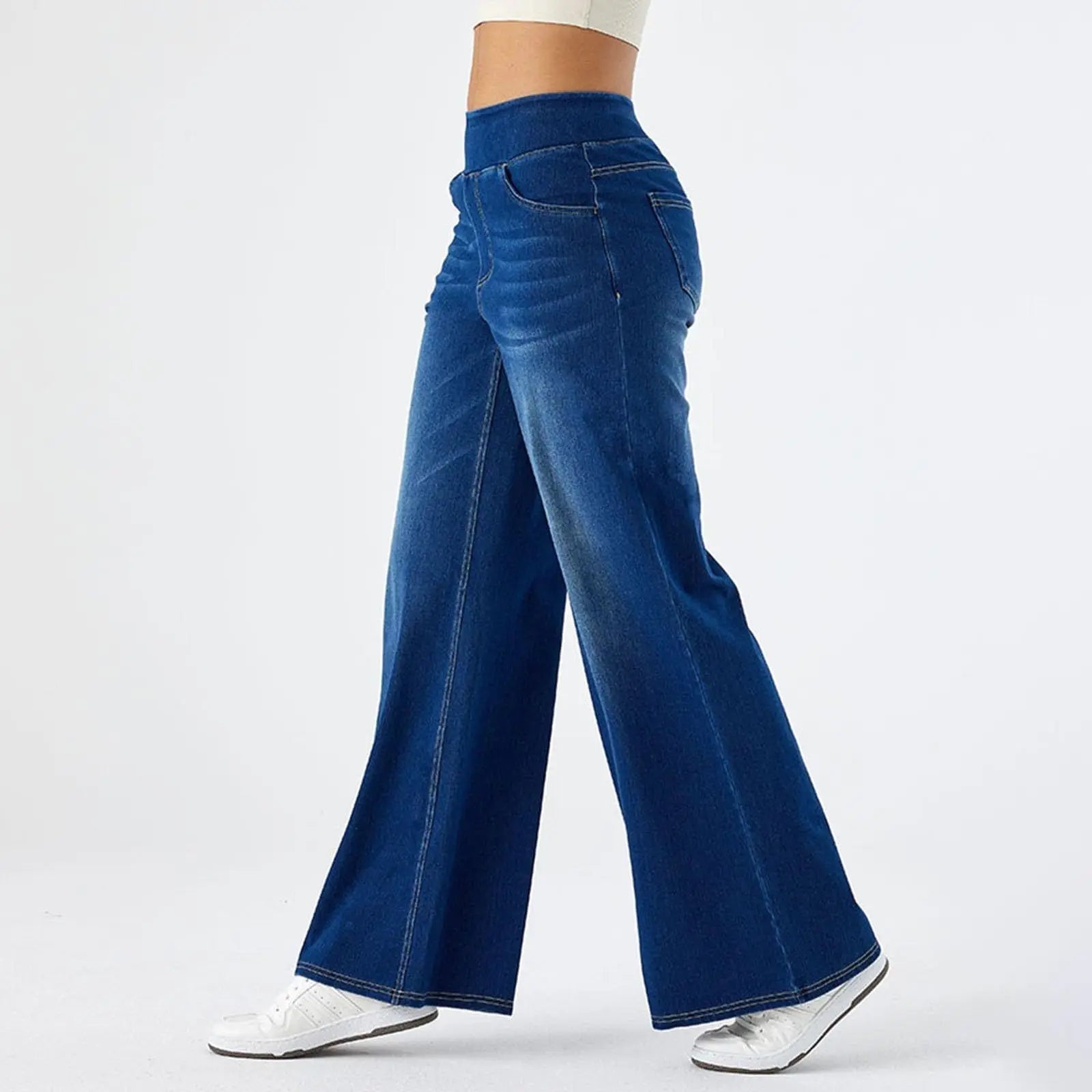 Women’s Wide-Leg Denim Jeans – Elastic Waist Long Straight Trousers