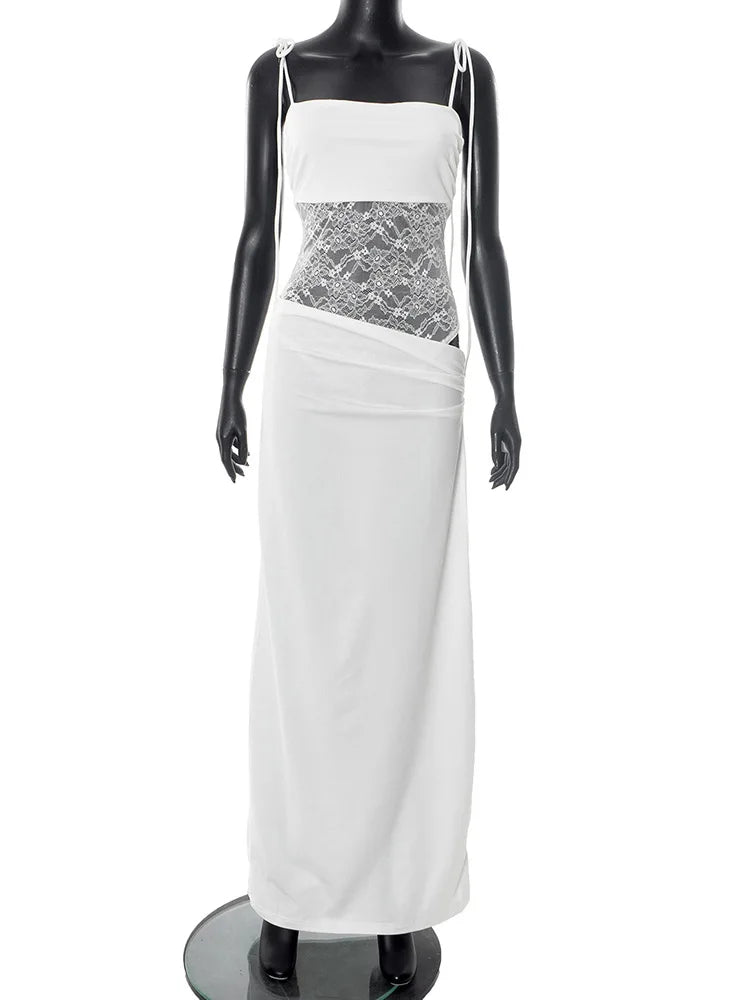 Women’s Spring Lace Long Dress – Sexy See-Through Spaghetti Strap Gown