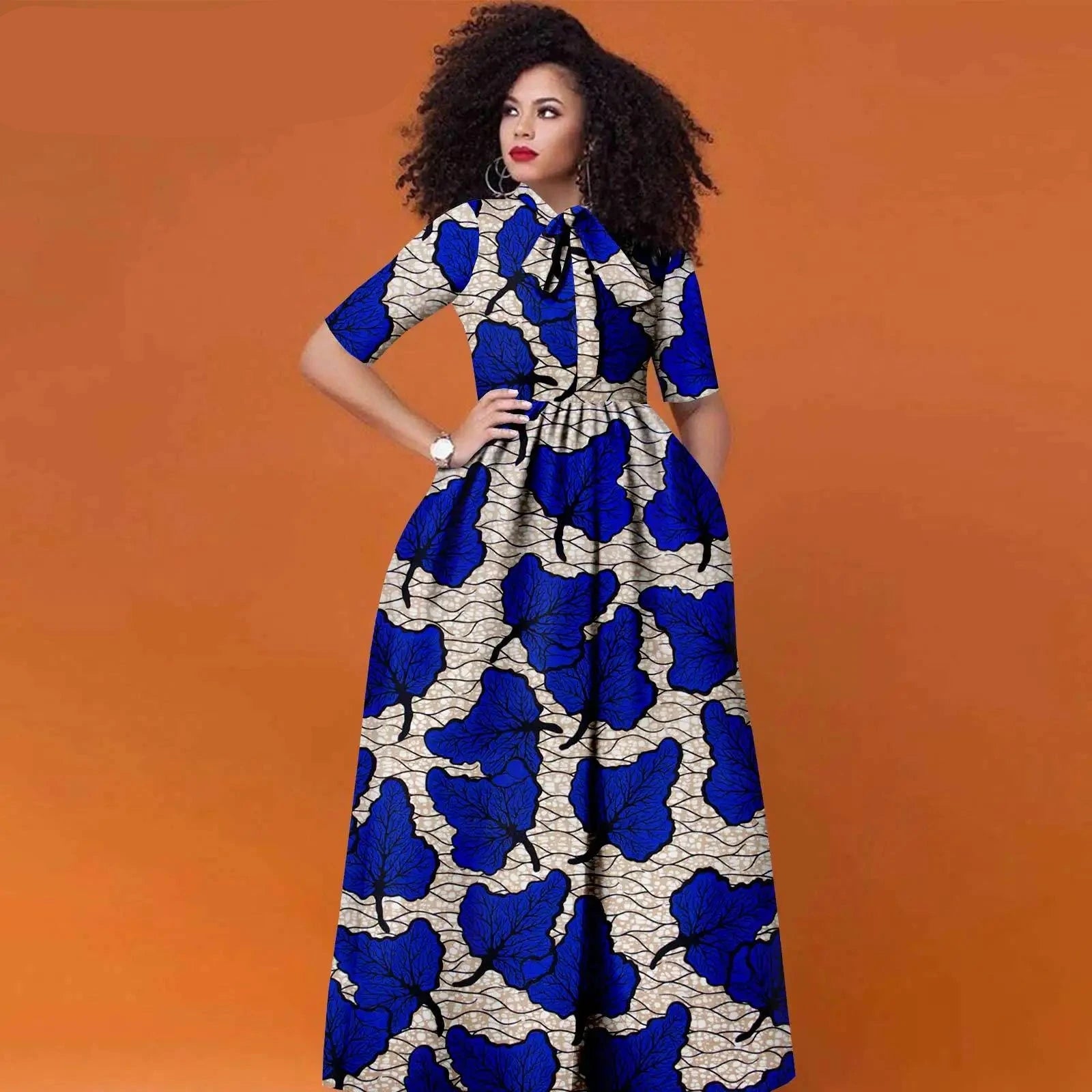 Afrikanisches Ankara Maxikleid für Damen | Halbarm High Waist Kleid mit traditionellem Print