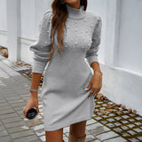 Women’s Pearl-Embellished Sweater Dress – Elegant Round Neck Long Sleeve Maxi