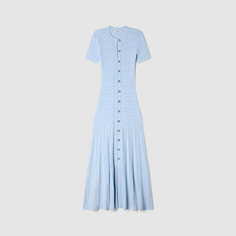 Chic Knit Midi Dress for Women – Short Sleeve Button Ribbed Bodycon A-Line Office Wear