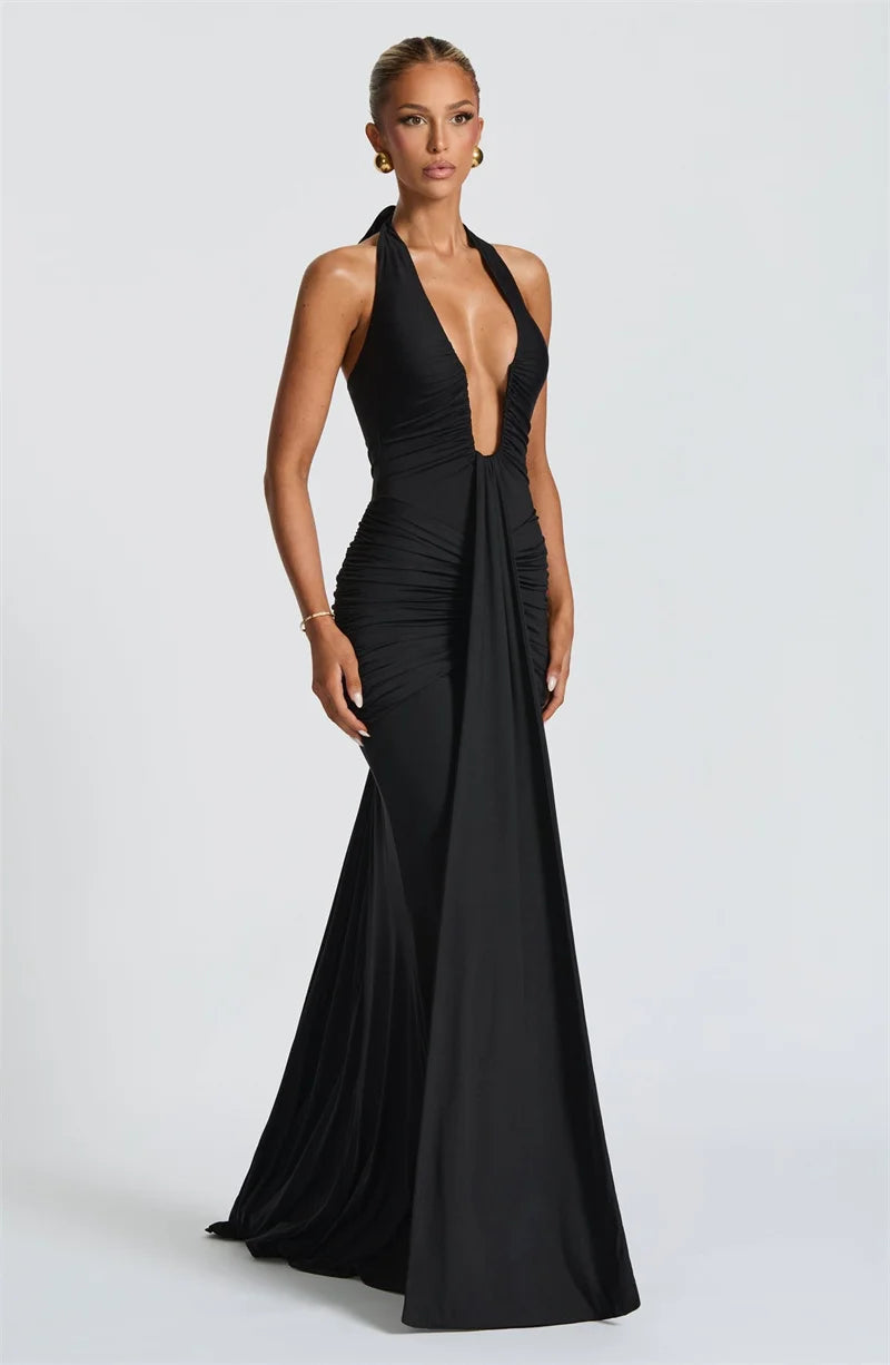 Sexy Deep V-Neck Draped Maxi Dress – Women’s Summer Halter Backless Long Dress