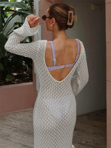 Damen Durchsichtiges V-Ausschnitt Strandkleid mit Cut-Outs, Sexy Rückenloses Strickkleid