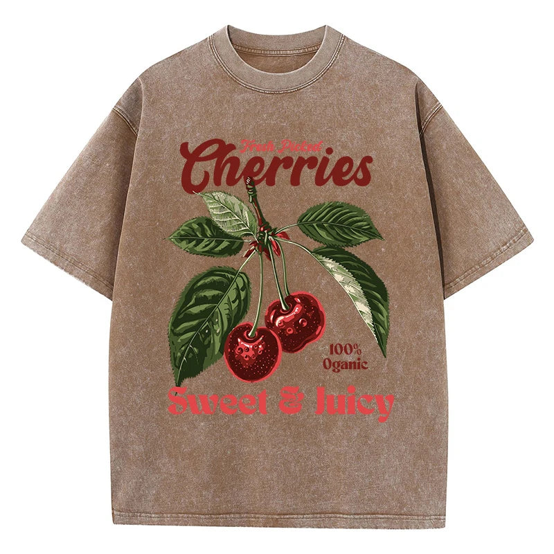 Fresh Picked Cherries gewaschenes Baumwoll-T-Shirt – Vintage-T-Shirt mit Obst-Grafik für Damen