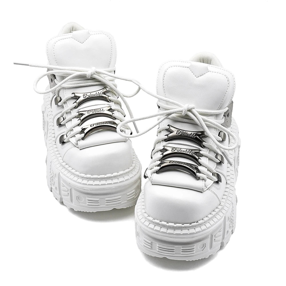 Women’s White Gothic Platform Punk Lace-Up Metal Decor Rock Boots