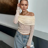 Sexy apricotfarbenes One-Shoulder-Top – Elegante ausgehöhlte Spitzenbluse, plissiertes durchsichtiges Party-Top