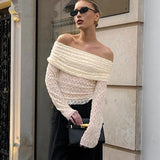 Sexy apricotfarbenes One-Shoulder-Top – Elegante ausgehöhlte Spitzenbluse, plissiertes durchsichtiges Party-Top