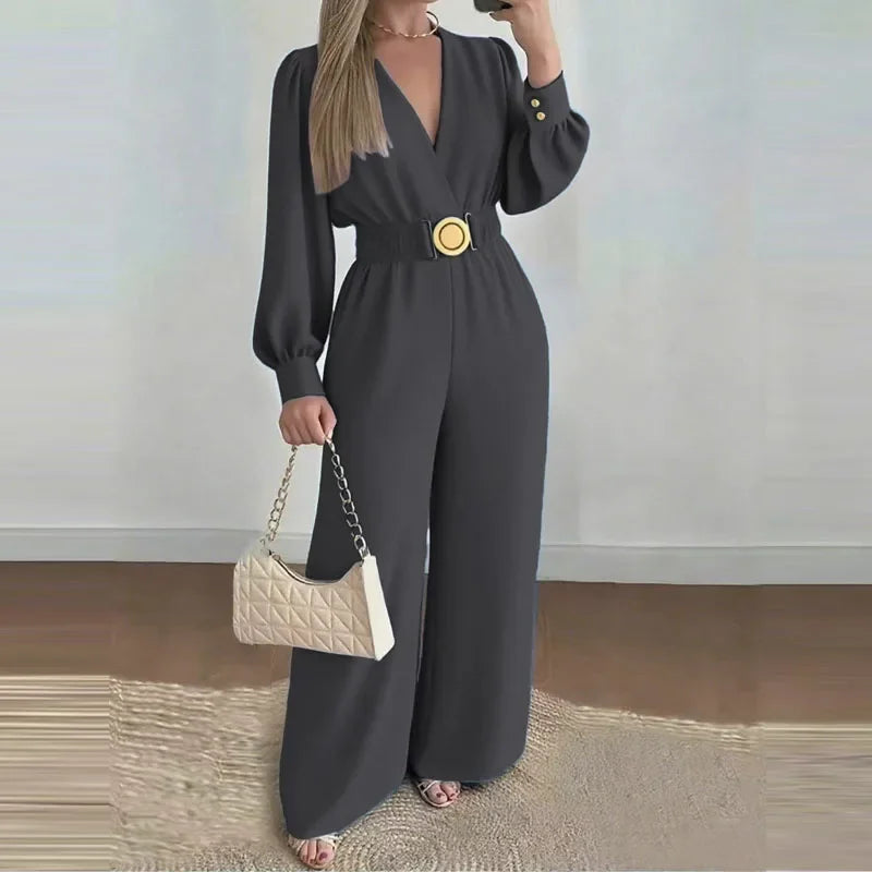 Elegant V-Neck Wide Leg Jumpsuit Long Sleeve Belted Lace-Up Commuting Romper