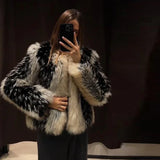 Stylish Contrast Faux Fur Women’s Coat | Elegant O-Neck Single-Breasted Jacket