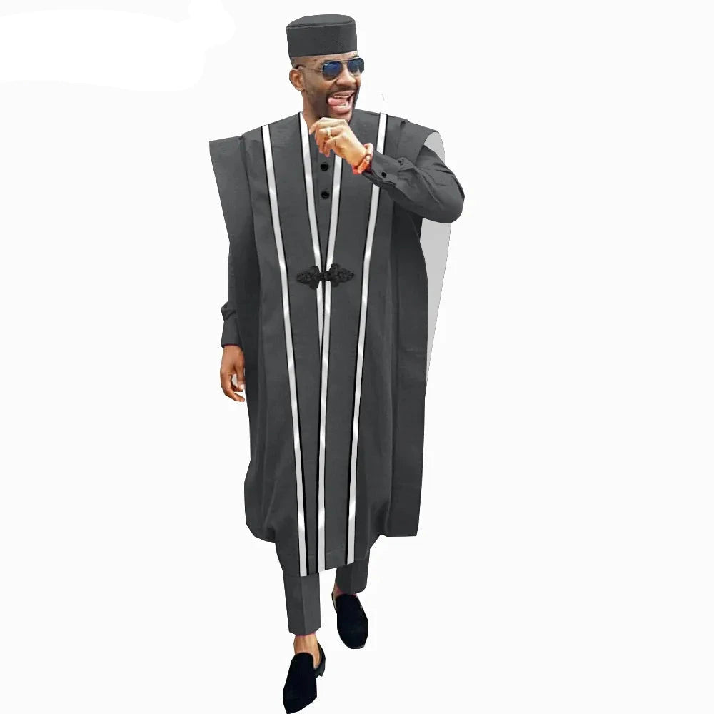 Men’s 4-Piece African Agbada Set | Grand Robe, Dashiki Shirt, Ankara Pants & Tribal Hat