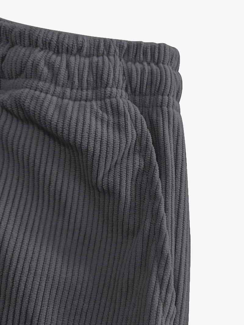 Women's Corduroy Pants Texture Straight-Leg Trousers with Drawstring Waist & White Piping