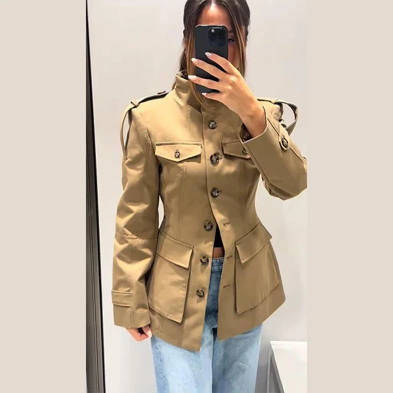 Women’s Khaki Elegant Stand Collar Trench Coat – Y2K Long Sleeve Waist-Defined Jacket