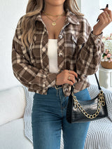 Damen karierte Cropped Wolljacke – Laternenärmel Knopfleistenmantel