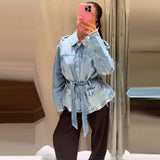 Blue Belted Denim Jacket for Women | Lace-Up Full Sleeve Lapel Coat