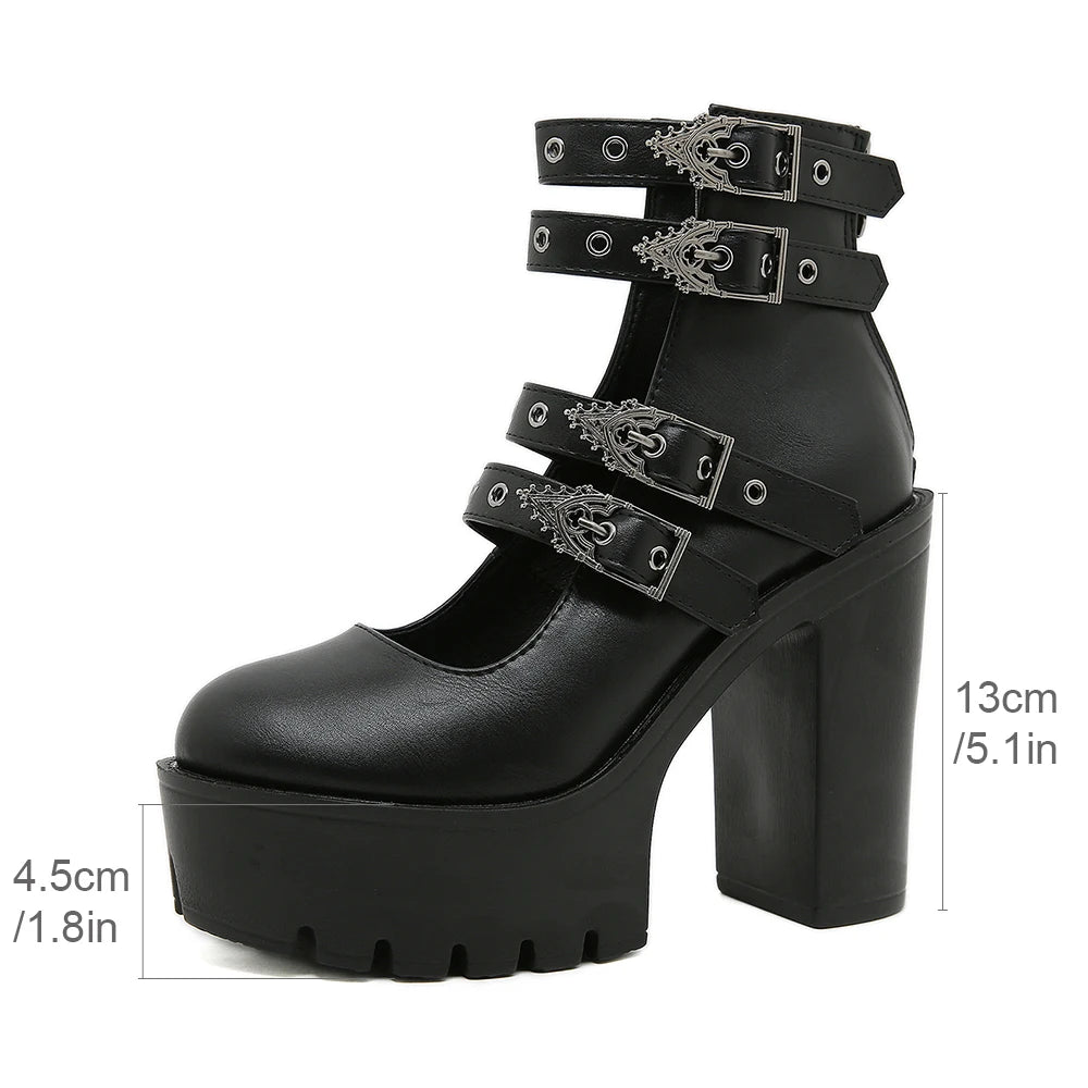 Women's Goth Platform Block Heels: Buckle Strap Mary Jane Pumps with Back Zipper