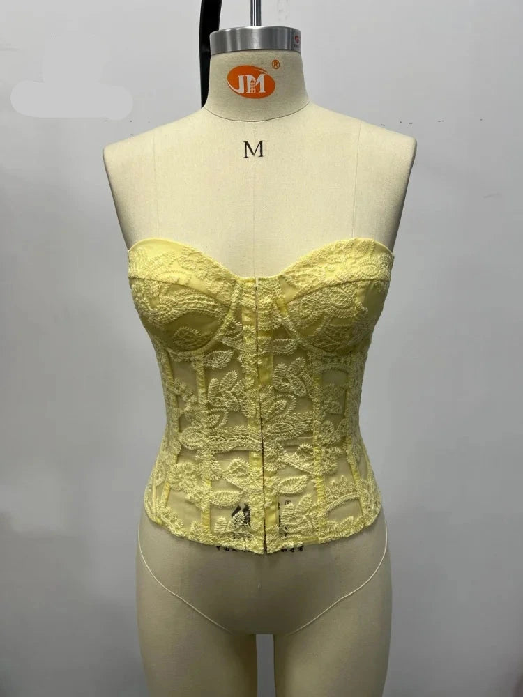 The "L'Amour" French Lace-Up Corset | Floral Embroidery Strapless Top