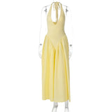 Women’s Sexy Backless Deep V-Neck Maxi Dress – Spliced Halter Sleeveless Dress
