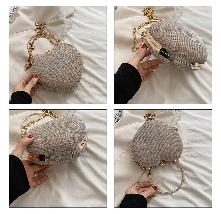 Luxury Heart-Shape Metal Evening Clutch | Shiny Fashion Chain Shoulder Bag