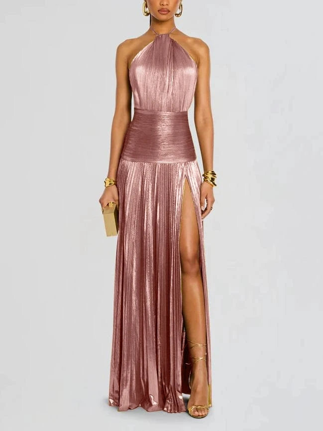 Damen Neckholder Abendkleid | Schickes einfarbiges plissiertes rückenfreies Kleid